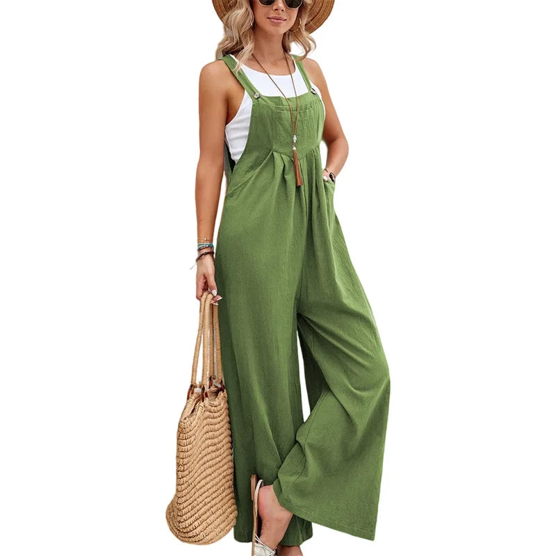Summer Women Long Jumpsuit Solid Color Casual Loose Thin Size Sleeveless Straps Wide Leg Women Suspender Loose Jumpsuit