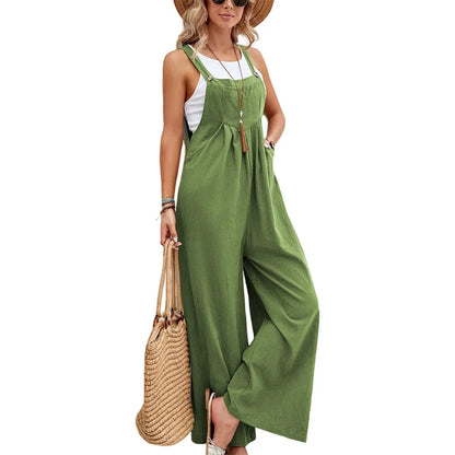 Summer Women Long Jumpsuit Solid Color Casual Loose Thin Size Sleeveless Straps Wide Leg Women Suspender Loose Jumpsuit