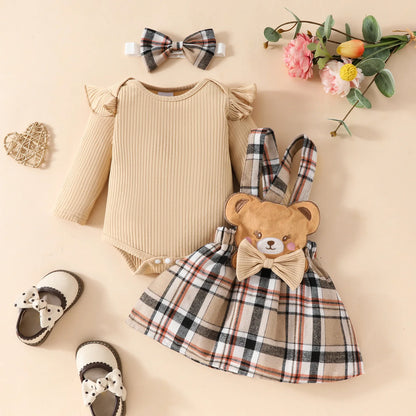 Prowow Panda Baby Girl Outfits Sets Green Cute Panda Romper and Suspender Bamboo Dress 3pcs Baby Clothes Panda Set