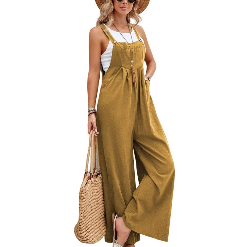 Summer Women Long Jumpsuit Solid Color Casual Loose Thin Size Sleeveless Straps Wide Leg Women Suspender Loose Jumpsuit