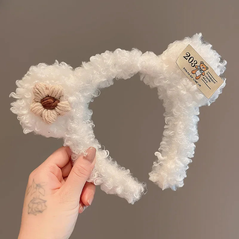 Cute Bow Tie Bear Ears Plush Hair Band for Women Wash Face Cartoon Kid Headband Female Sweet Hairband for Girls Hair Accessories