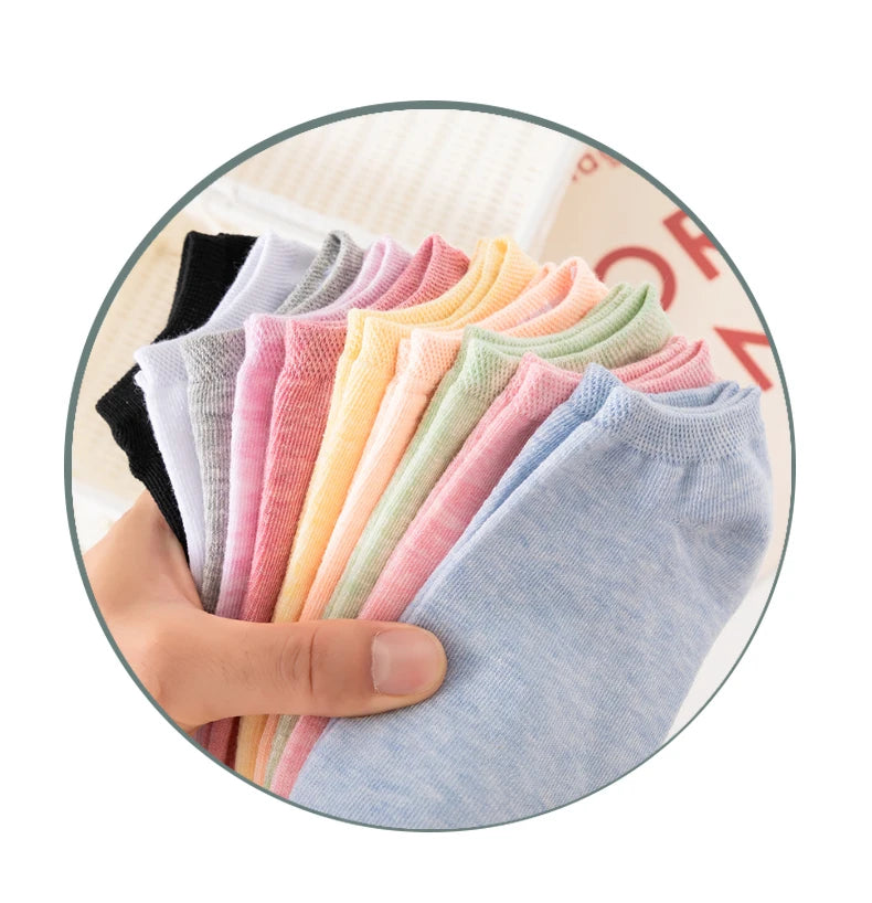 10 Pairs of Colored Cotton WOMEN'S Short Socks, Ankle Breathable Mesh Sports Socks, Summer Casual Solid Color Boat Socks