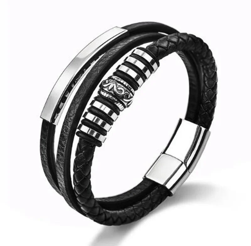 European and American Fashion Stainless Steel Star of David Multilayer Leather Braid Bracelet Mes Charm Amulet Jewelry