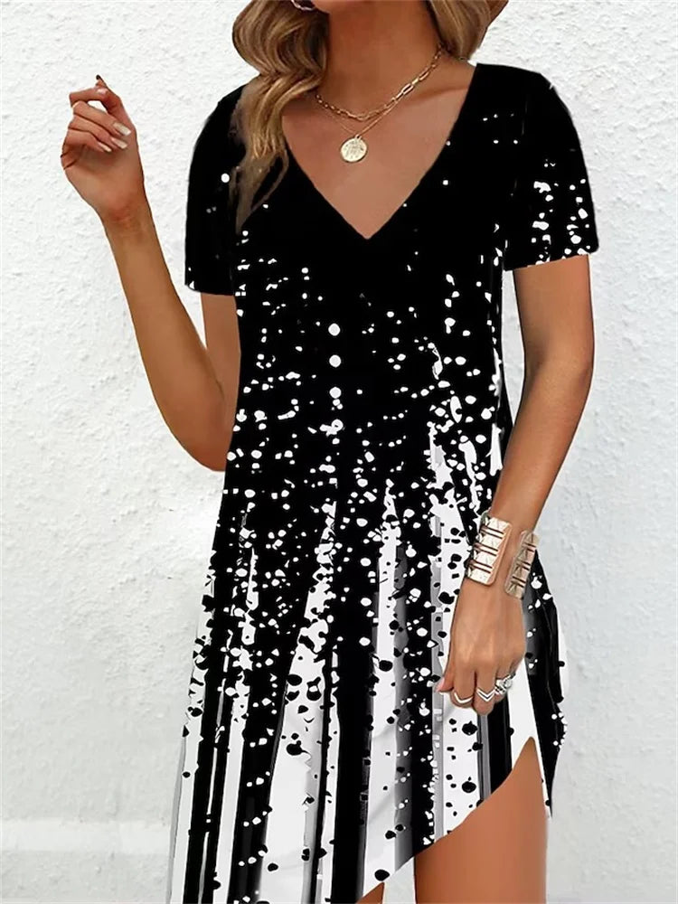 Fashion Plus Size Dress Women Casual Loose V-Neck Ladies Summer