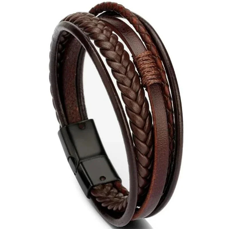 European and American Fashion Stainless Steel Star of David Multilayer Leather Braid Bracelet Mes Charm Amulet Jewelry