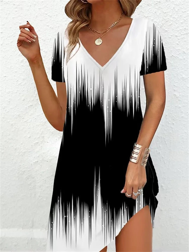 Fashion Plus Size Dress Women Casual Loose V-Neck Ladies Summer
