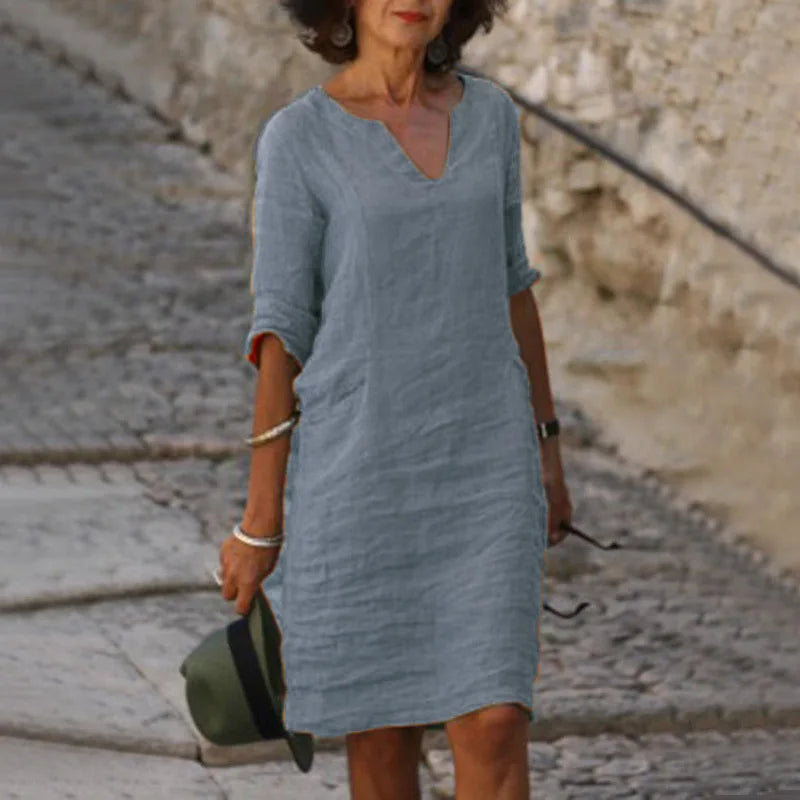 Vintage Solid Mini Dress Women Fashion Summer V-neck Three Quater Sleeve Cotton Linen Party Dresses Ladies Casual Femme Vestidos