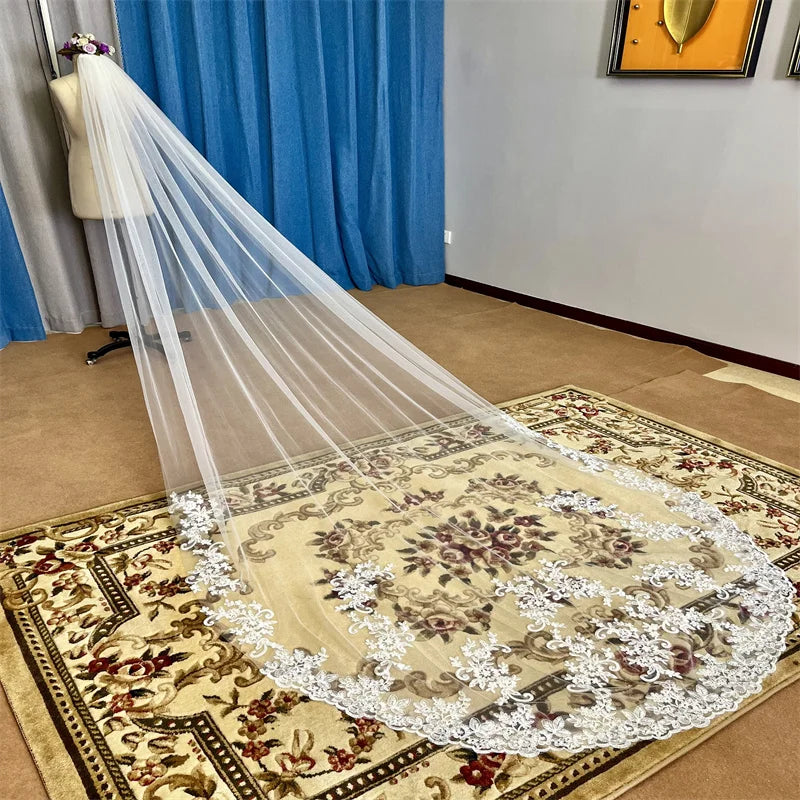 Real Photos Long Lace Appliques Wedding Veil White Ivory Cathedral 1 Layer Bridal Veil  Bride Veil Wedding Accessories