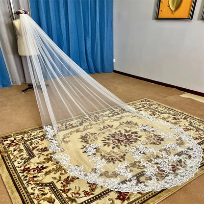 Real Photos Long Lace Appliques Wedding Veil White Ivory Cathedral 1 Layer Bridal Veil  Bride Veil Wedding Accessories