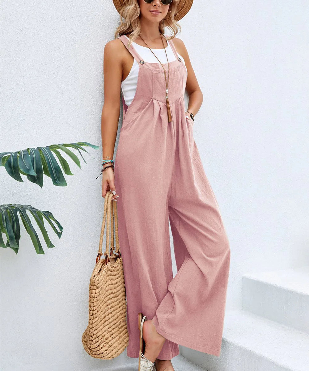 Summer Women Long Jumpsuit Solid Color Casual Loose Thin Size Sleeveless Straps Wide Leg Women Suspender Loose Jumpsuit