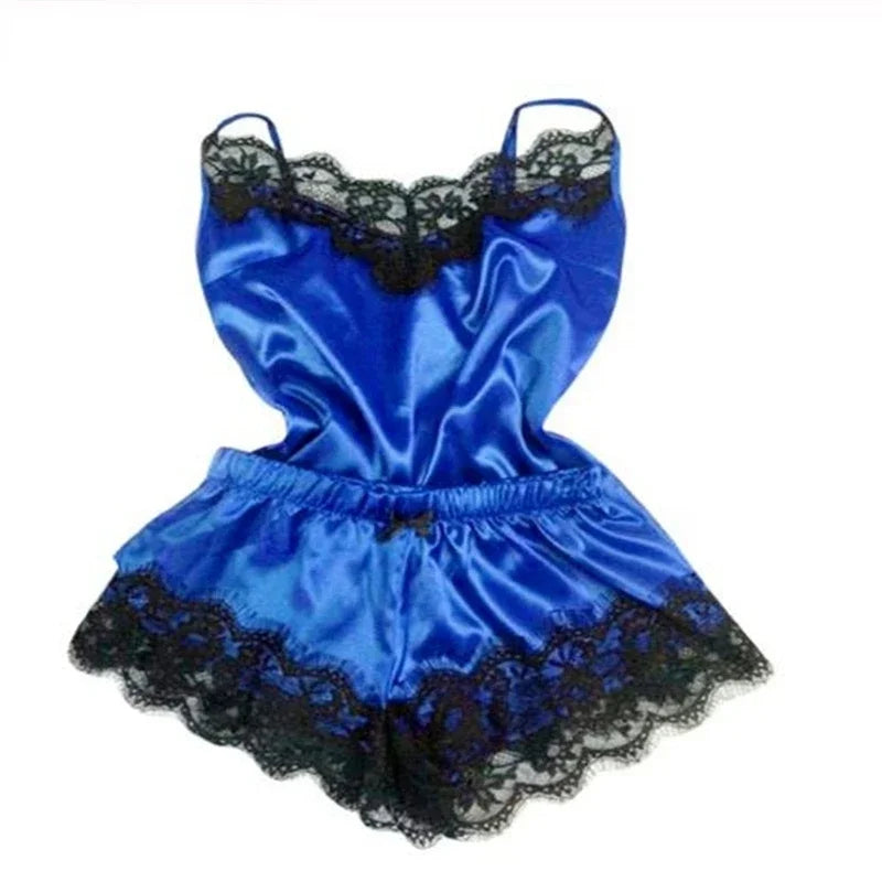 Fashion Women Pajama  V-Neck Stretch Satin Babydoll Lace Sexy Lingerie Bowknot Pyjamas Sleep Shorts Set Sleepwear