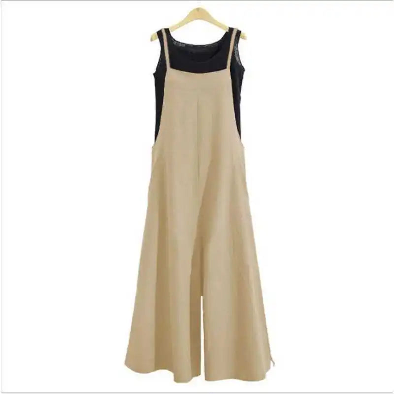 Summer Women Long Jumpsuit Solid Color Casual Loose Thin Size Sleeveless Straps Wide Leg Women Suspender Loose Jumpsuit