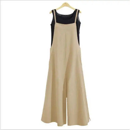 Summer Women Long Jumpsuit Solid Color Casual Loose Thin Size Sleeveless Straps Wide Leg Women Suspender Loose Jumpsuit