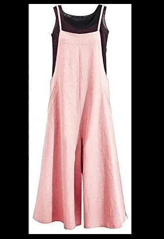 Summer Women Long Jumpsuit Solid Color Casual Loose Thin Size Sleeveless Straps Wide Leg Women Suspender Loose Jumpsuit