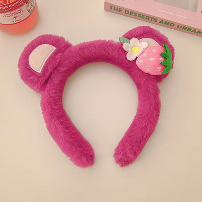 Strawberry Bear Plush Headband for Women Sweet Fashion Girls Face Wash HairBand