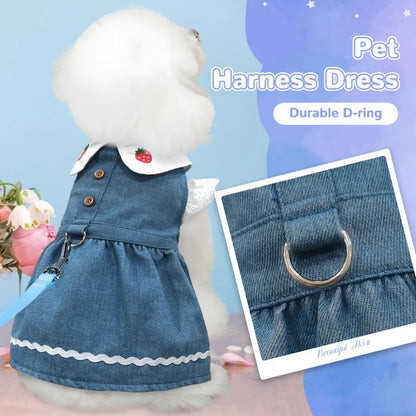 Dog Jeans Dress Strawberry Print Lace Cute Pet Dog Clothes Chihuahua Bichon Frise Summer Puppy Skirt Cat Dog Costume with Buckle