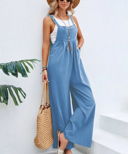 Summer Women Long Jumpsuit Solid Color Casual Loose Thin Size Sleeveless Straps Wide Leg Women Suspender Loose Jumpsuit