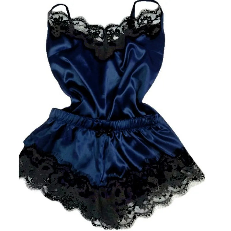 Fashion Women Pajama  V-Neck Stretch Satin Babydoll Lace Sexy Lingerie Bowknot Pyjamas Sleep Shorts Set Sleepwear