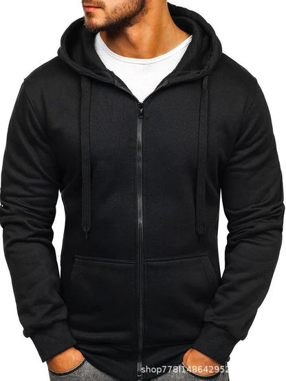 New Fashion Men's Casual Slim Fit Autumn European Size Cardigan Solid Color Zipper Cardigan Hooded Hoodie Coat
