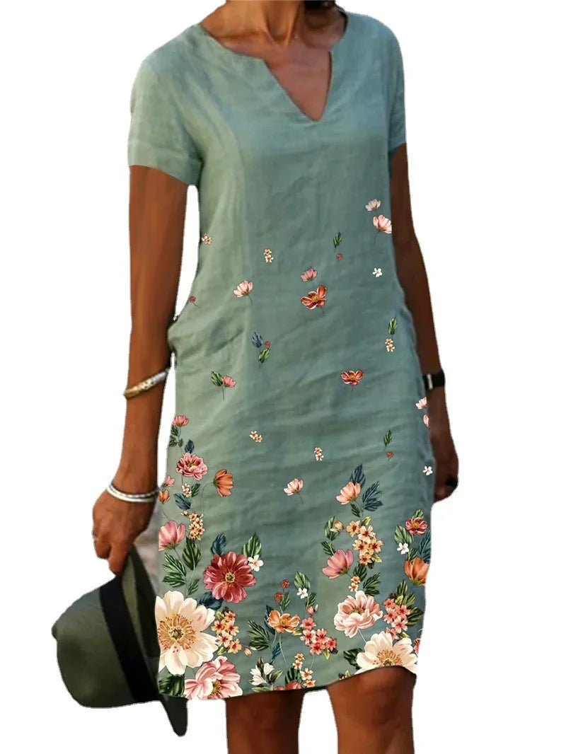 Summer Elegant Women Dress Oversize Printed V-neck Dresses Female Spring Trendy Beach Fashion Casual Loose Clothes Ladies