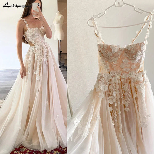 Wedding Light Champagne Wedding Dresses 3D Flowers Spathetti Straps  formato  em A