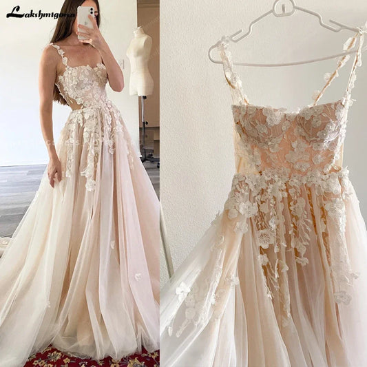 Wedding Light Champagne Wedding Dresses 3D Flowers Spathetti Straps  formato  em A