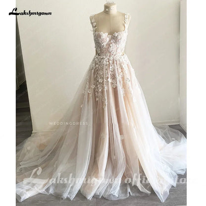 Wedding Light Champagne Wedding Dresses 3D Flowers Spathetti Straps  formato  em A