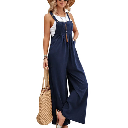Summer Women Long Jumpsuit Solid Color Casual Loose Thin Size Sleeveless Straps Wide Leg Women Suspender Loose Jumpsuit