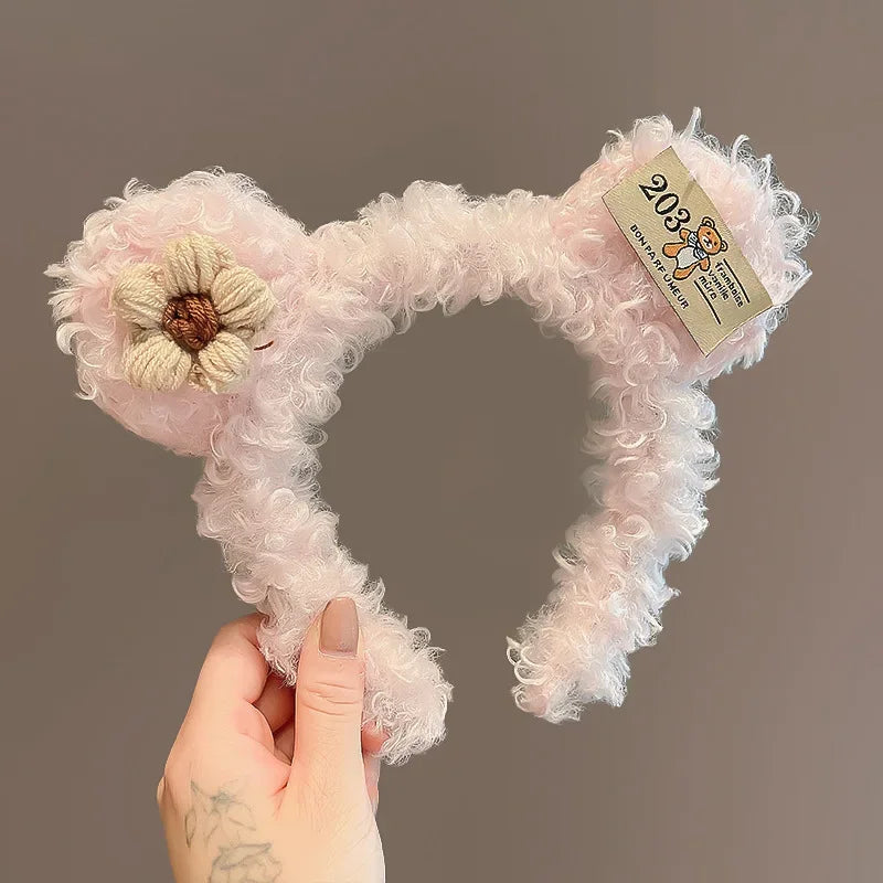 Cute Bow Tie Bear Ears Plush Hair Band for Women Wash Face Cartoon Kid Headband Female Sweet Hairband for Girls Hair Accessories