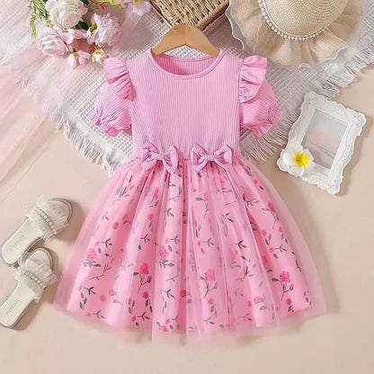 Trendy Sweet Girls' Bow Princess Dress Korean Style Children's Butterfly Mesh Flower Birthday Dress 2-6Year Summer Kids Clothing