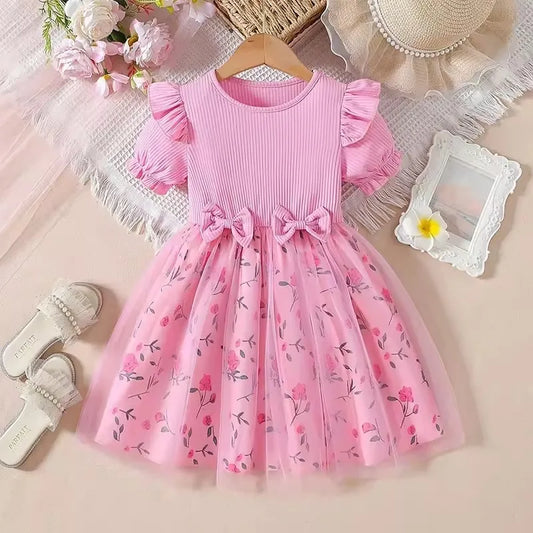 Trendy Sweet Girls' Bow Princess Dress Korean Style Children's Butterfly Mesh Flower Birthday Dress 2-6Year Summer Kids Clothing