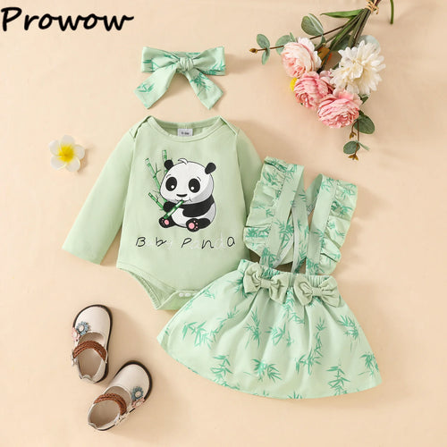 Prowow Panda Baby Girl Outfits Sets Green Cute Panda Romper and Suspender Bamboo Dress 3pcs Baby Clothes Panda Set