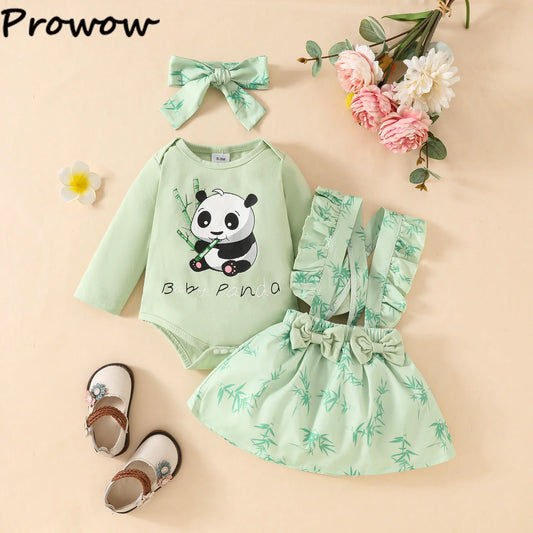 Prowow Panda Baby Girl Outfits Sets Green Cute Panda Romper and Suspender Bamboo Dress 3pcs Baby Clothes Panda Set