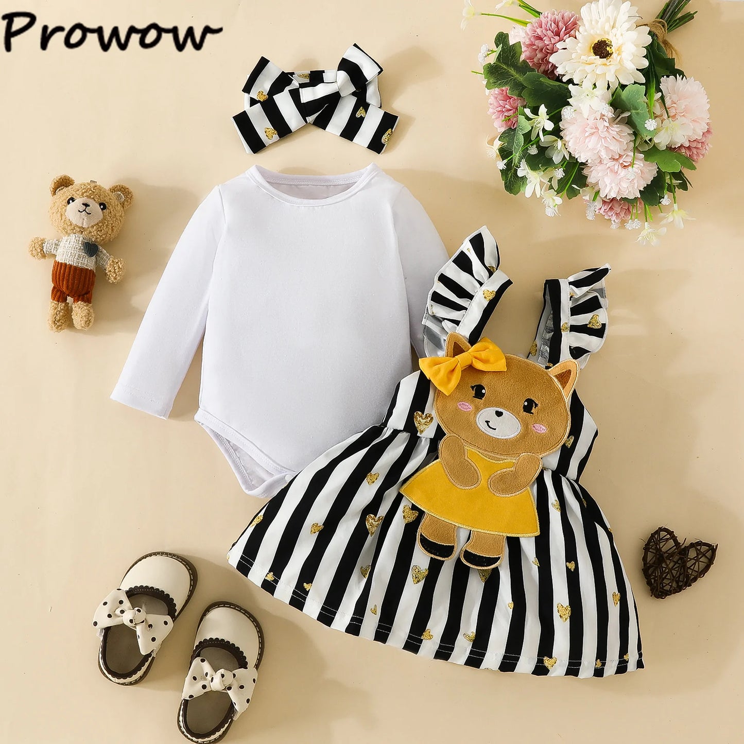 Prowow Panda Baby Girl Outfits Sets Green Cute Panda Romper and Suspender Bamboo Dress 3pcs Baby Clothes Panda Set