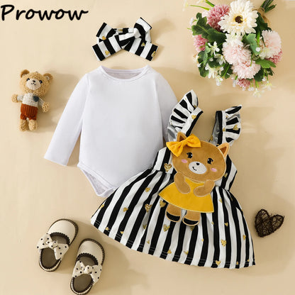 Prowow Panda Baby Girl Outfits Sets Green Cute Panda Romper and Suspender Bamboo Dress 3pcs Baby Clothes Panda Set