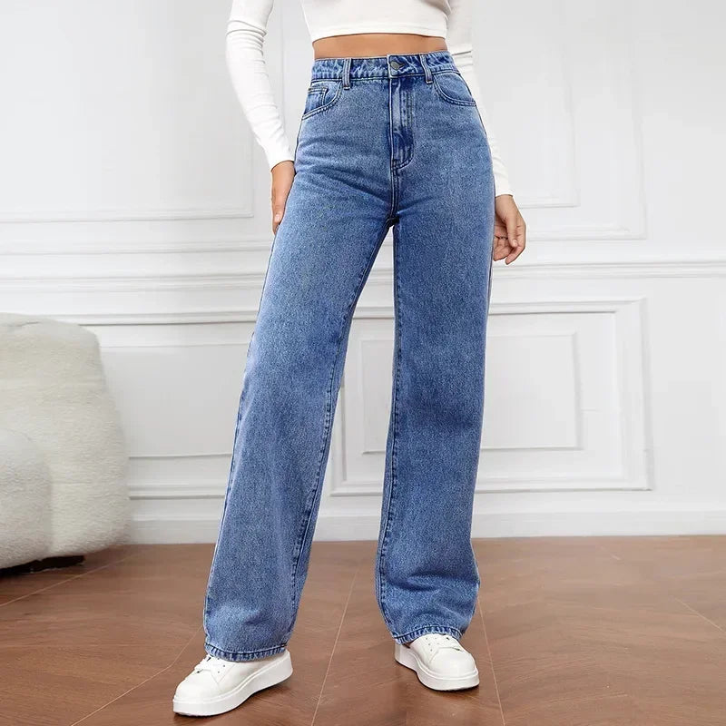 Jeans ganga Mulheres Calças Retas Lavagem Cintura Alta Solta Bolsos Básicos Comprimento Tornozelo Y2k Calças Azuis Streetwear Leve Elástico . Descubra conforto e estilo. Toque especial...