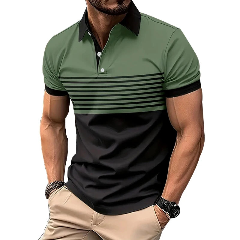 New Summer Men Casual Short Sleeve Lapel Business Polo Shirt  Stripe Polo Shirt Sport Button Pullover