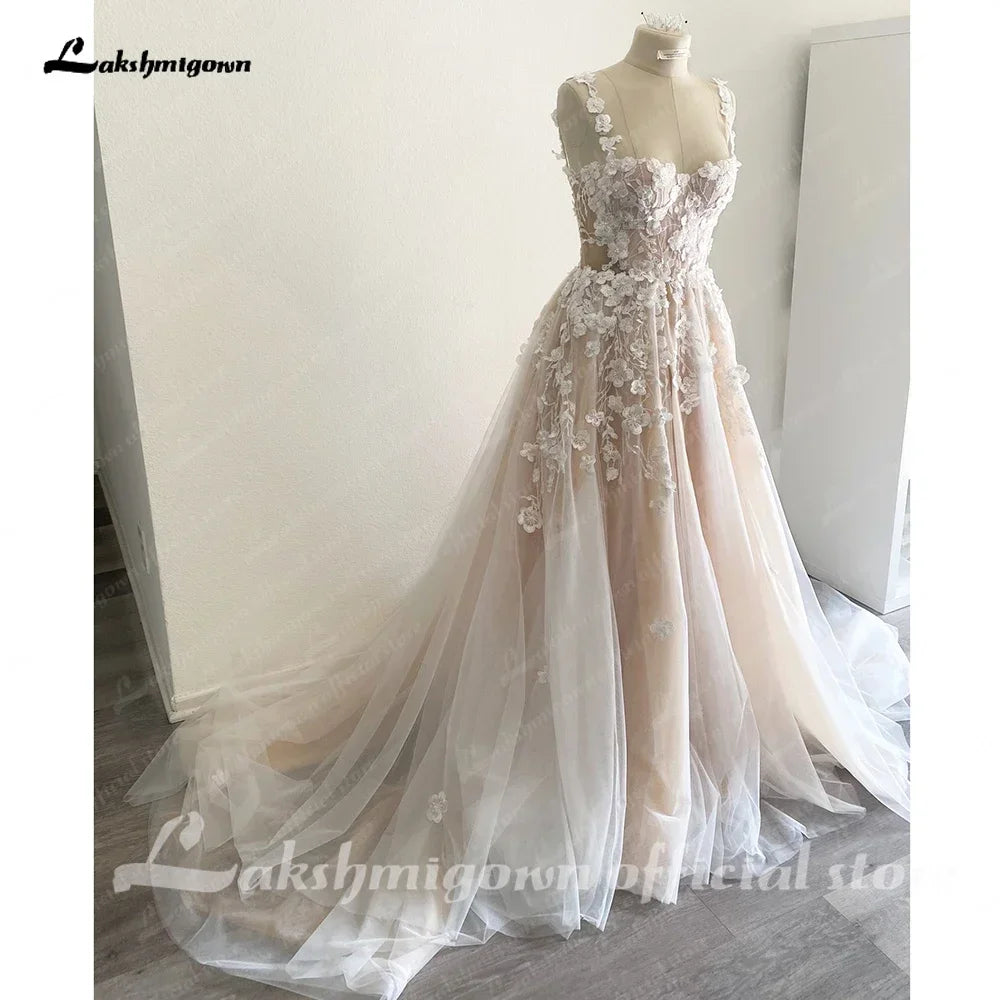 Wedding Light Champagne Wedding Dresses 3D Flowers Spathetti Straps  formato  em A