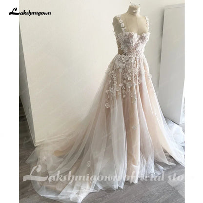 Wedding Light Champagne Wedding Dresses 3D Flowers Spathetti Straps  formato  em A