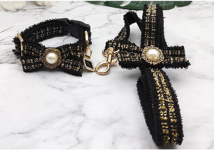 Lace Dog Leash Collar Set Vintage Bowknot Pearl Bells Girl Dog Adjustable Collar for Small Medium Dogs Puppy Collar Pet Supplies