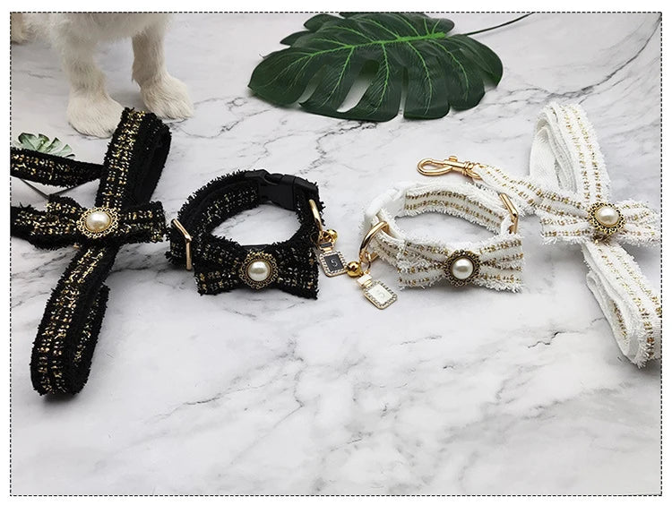 Lace Dog Leash Collar Set Vintage Bowknot Pearl Bells Girl Dog Adjustable Collar for Small Medium Dogs Puppy Collar Pet Supplies
