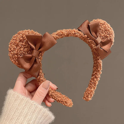Cute Bow Tie Bear Ears Plush Hair Band for Women Wash Face Cartoon Kid Headband Female Sweet Hairband for Girls Hair Accessories