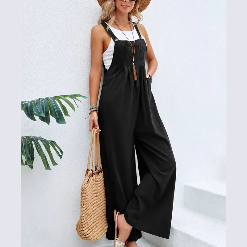 Summer Women Long Jumpsuit Solid Color Casual Loose Thin Size Sleeveless Straps Wide Leg Women Suspender Loose Jumpsuit