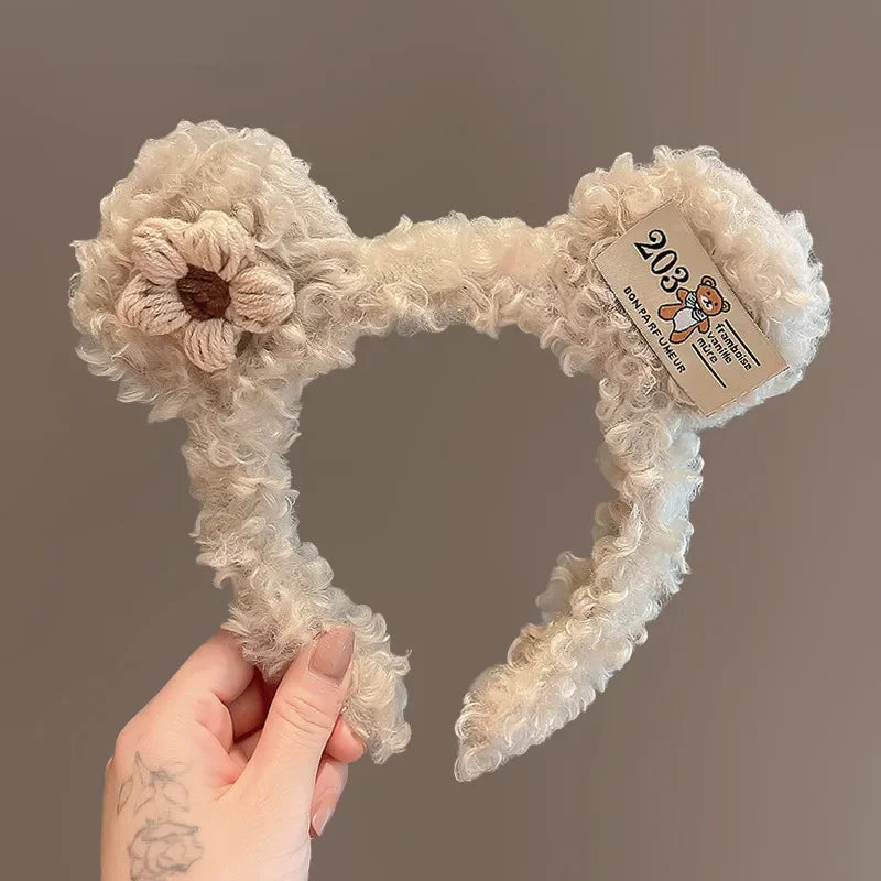 Cute Bow Tie Bear Ears Plush Hair Band for Women Wash Face Cartoon Kid Headband Female Sweet Hairband for Girls Hair Accessories