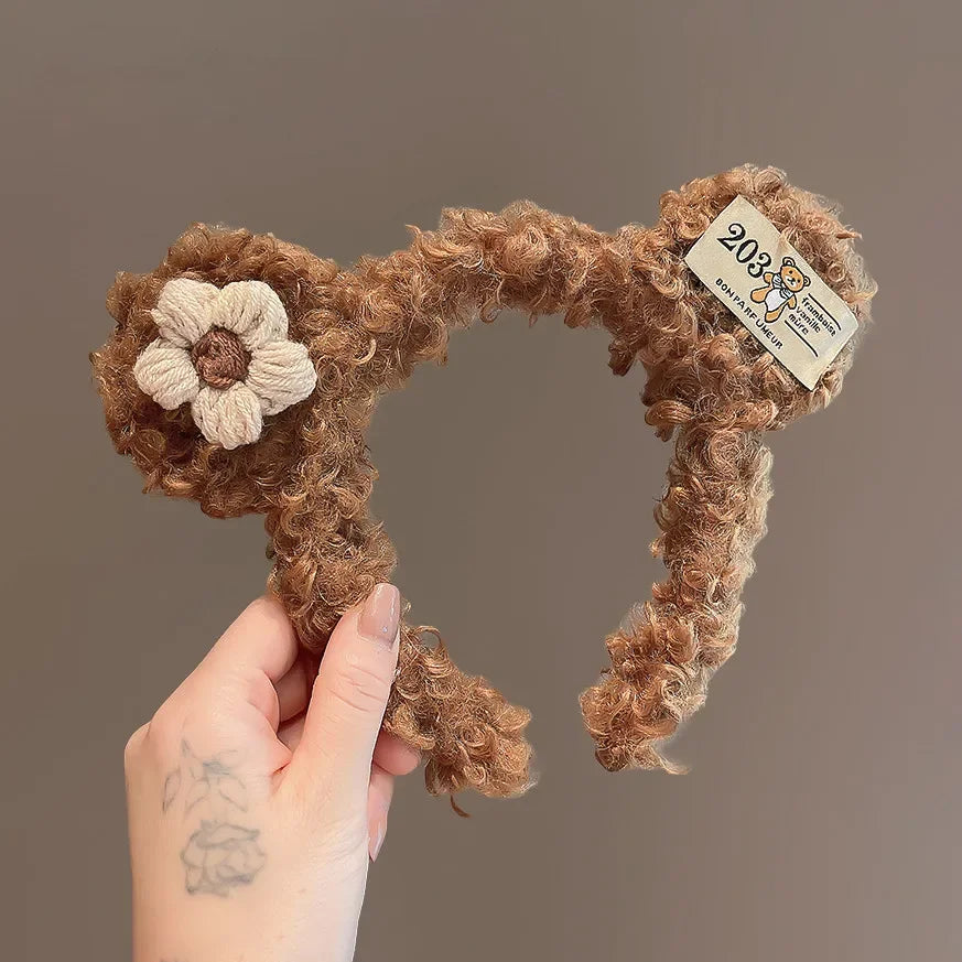 Cute Bow Tie Bear Ears Plush Hair Band for Women Wash Face Cartoon Kid Headband Female Sweet Hairband for Girls Hair Accessories