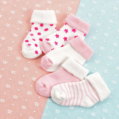 5 Pairs  de meias  para bebes   de 1 ano aos 3 anos Autumn Winter Warm Strip Baby Sock Cute Cartoon Dot Thick Infant Floor Sock Soft Star Pattern Newborn Toddler Sock             1        Seu bebê merece.