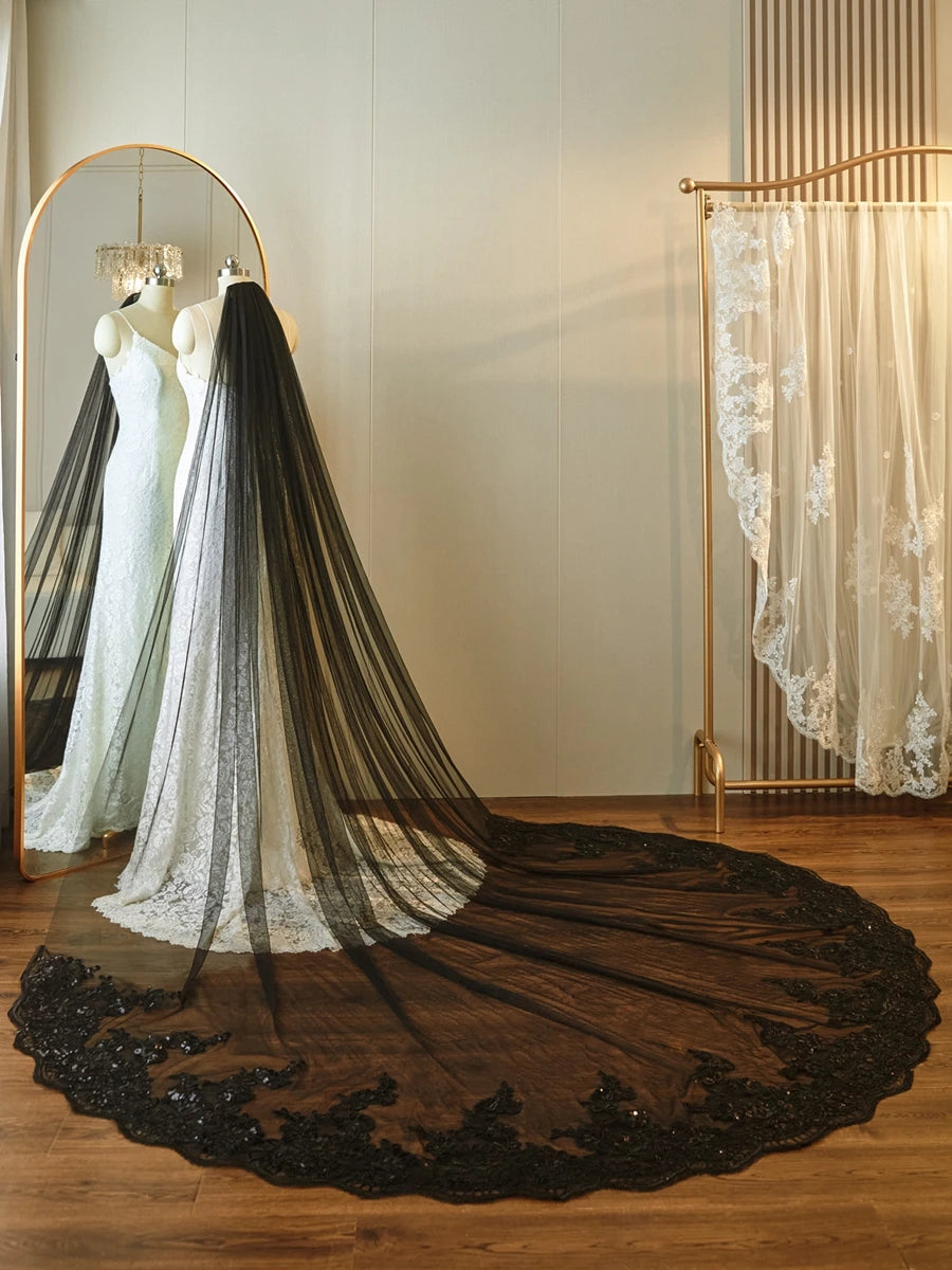 Véu de noiva 3*3 Meter Cathedral wedding veils Lace Appliques Bridal veil  cor preta