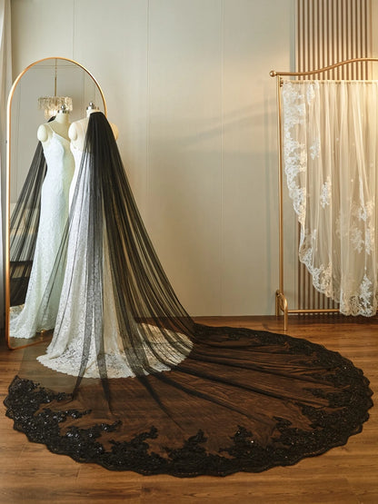 Véu de noiva 3*3 Meter Cathedral wedding veils Lace Appliques Bridal veil  cor preta