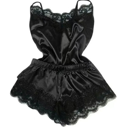 Fashion Women Pajama  V-Neck Stretch Satin Babydoll Lace Sexy Lingerie Bowknot Pyjamas Sleep Shorts Set Sleepwear