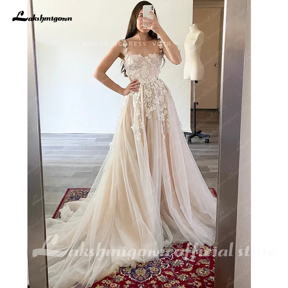Wedding Light Champagne Wedding Dresses 3D Flowers Spathetti Straps  formato  em A